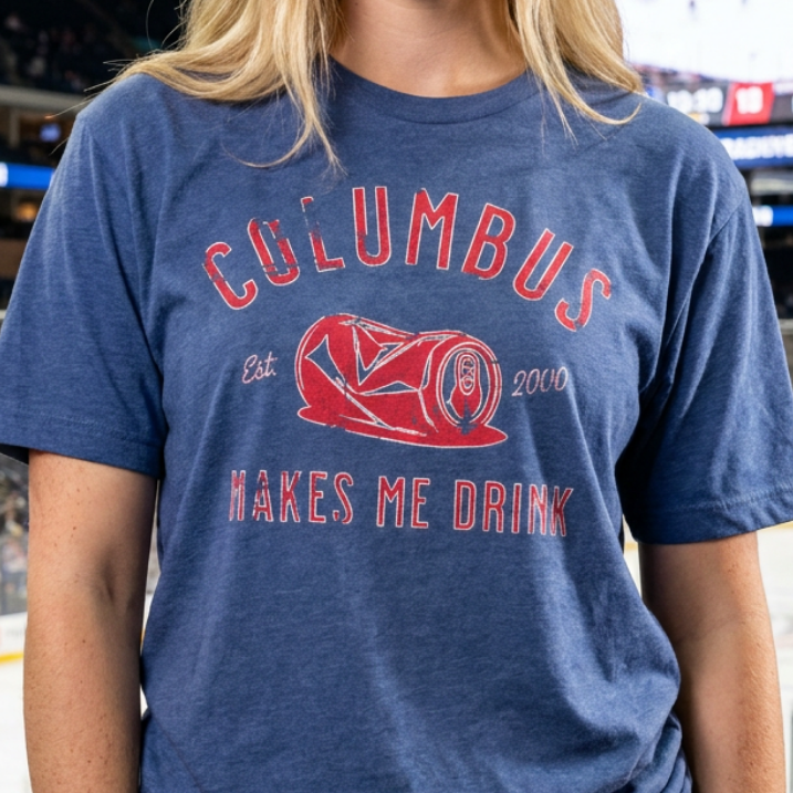 Person wearing a blue t-shirt with 'Columbus Makes Me Drank' design at an indoor sports arena.